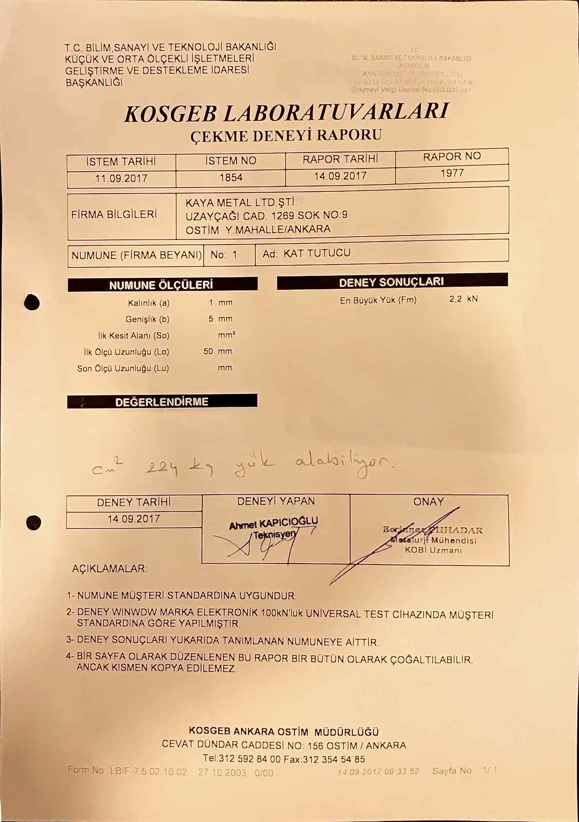 Kosgeb Dayanım Testi